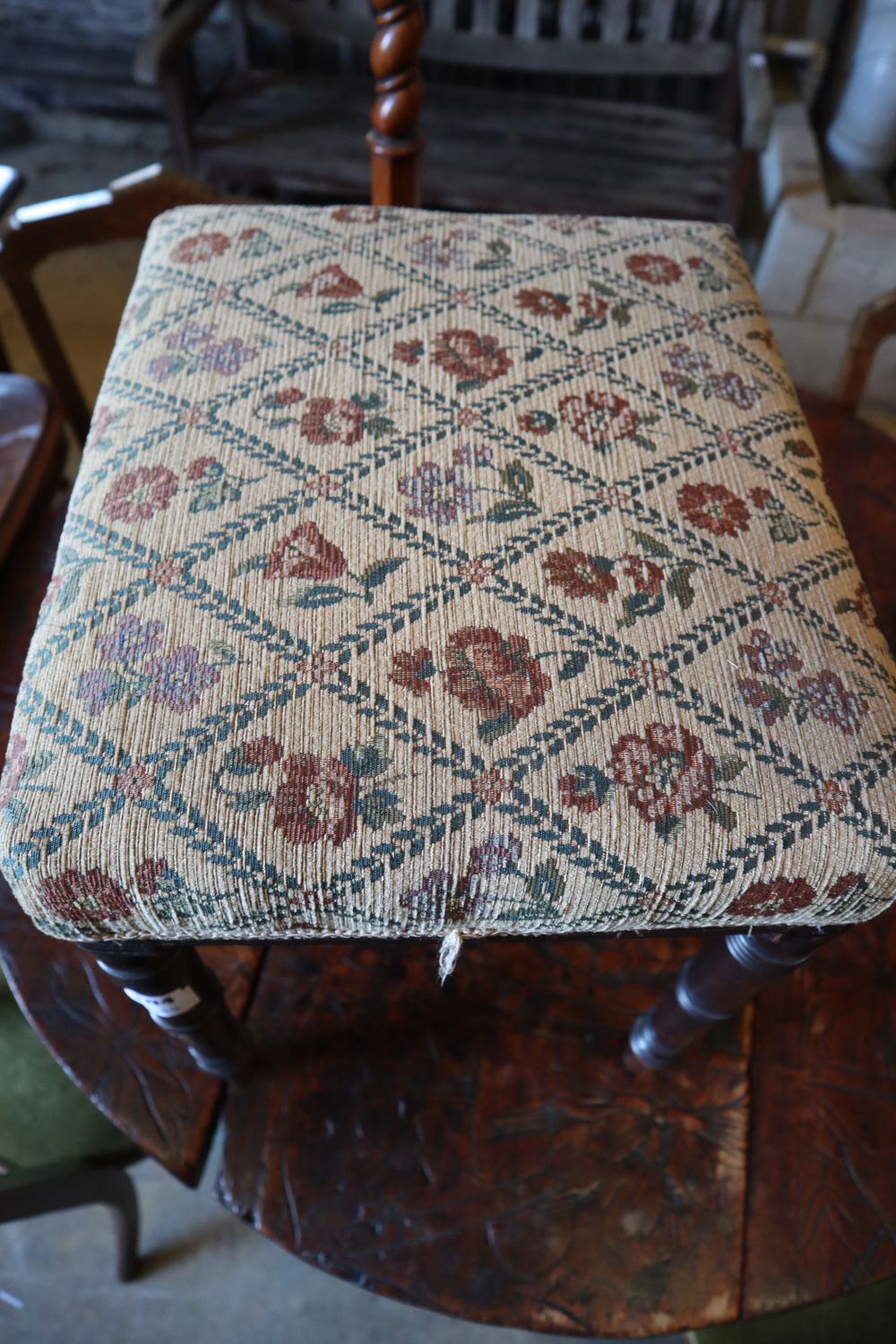 A Regency mahogany square topped, tapestry upholstered dressing stool, width 41cm